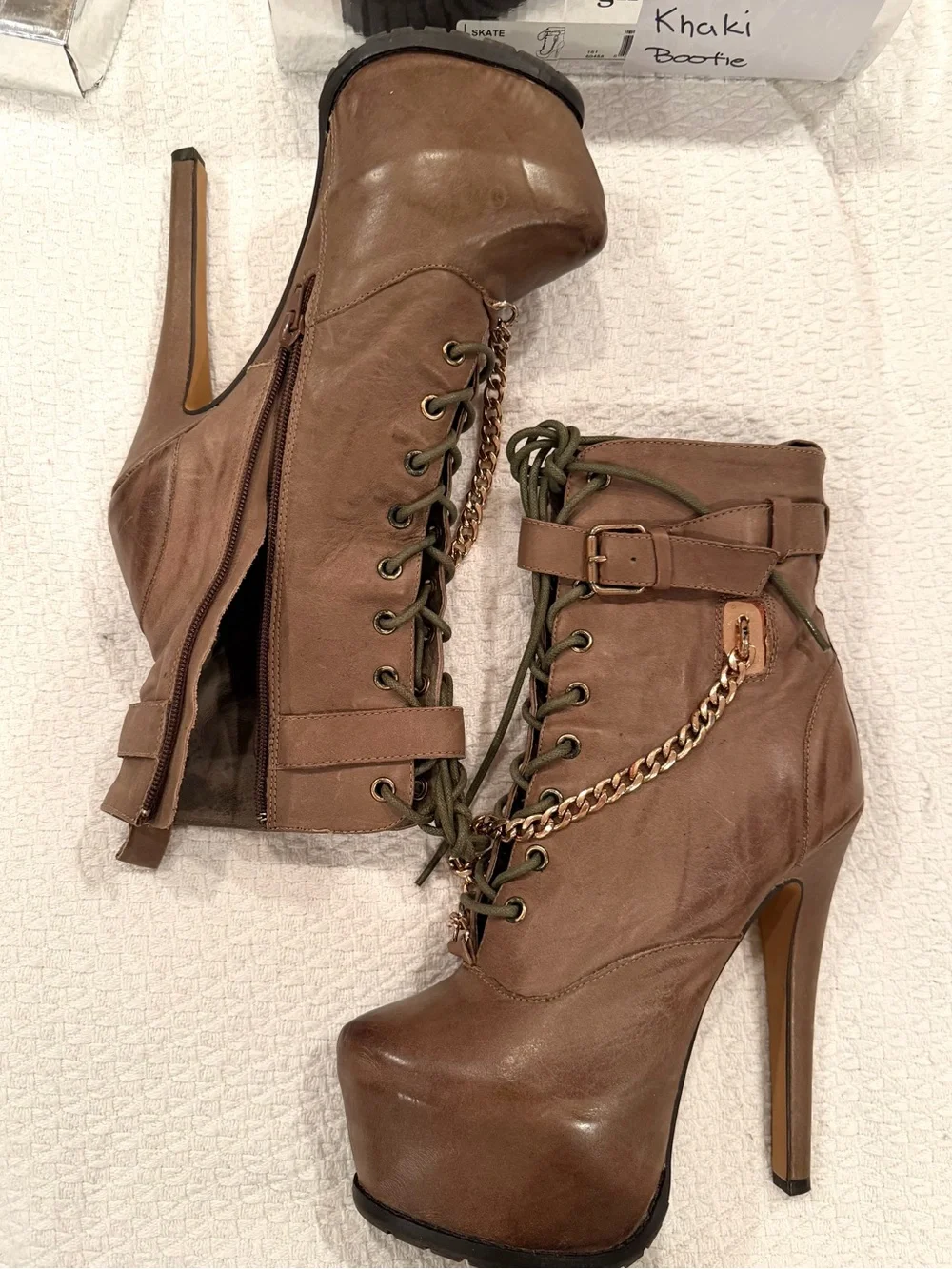 Zigi Girl Khaki Platform Combat Boots with Gold Chain